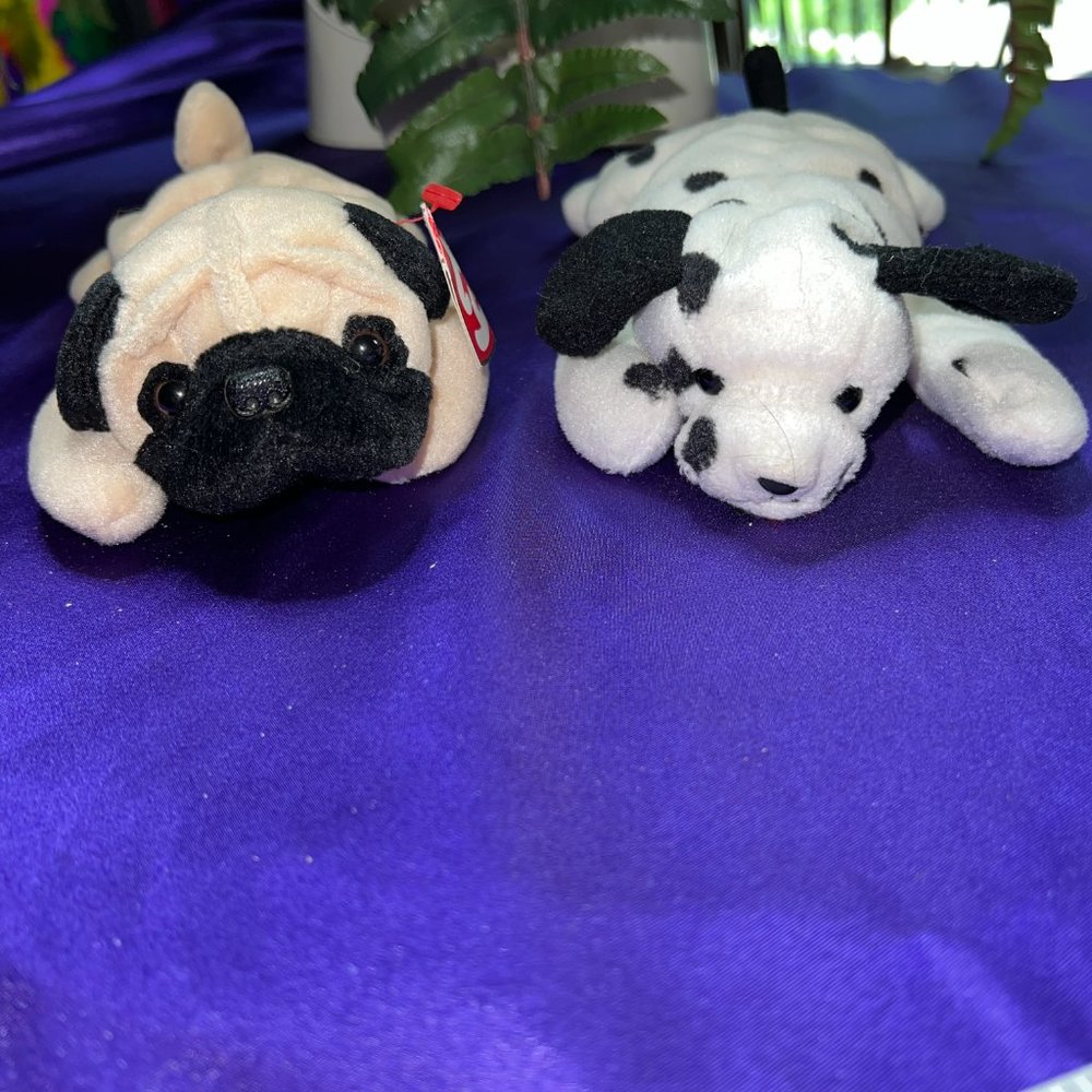 New π TY Pugsly-The Pug Retired Beanie Baby w/ Errors & his Dalmatiner Friend